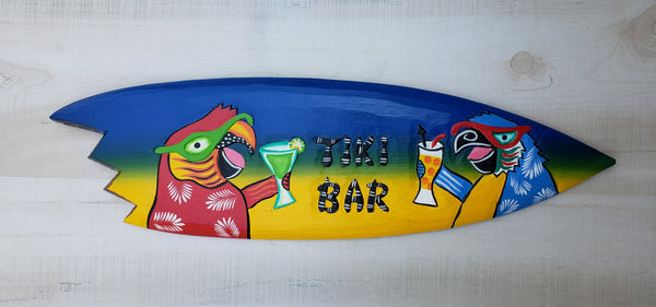 Tiki Bar Surfboard " Parrots enjoying a Cocktail