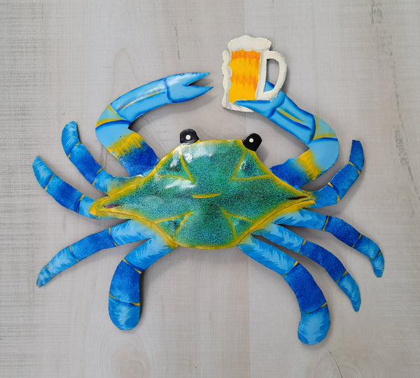 Blue Crab Holding A Beer - Haitian Metal Wall Art – Tiki Decor Plus