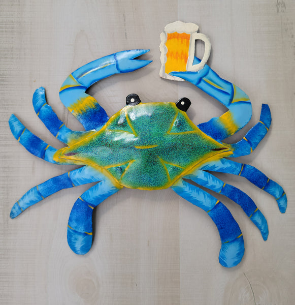 Blue Crab holding a beer - Haitian Metal Wall Art – Tiki Decor Plus